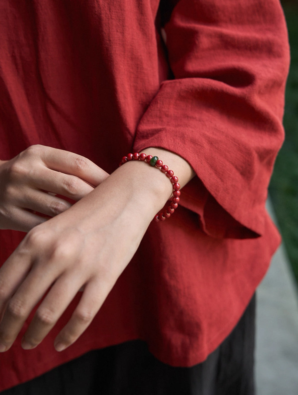 Cinnabar & Jade Buckle Bracelet | Tibetan Protection & Luck Jewelry