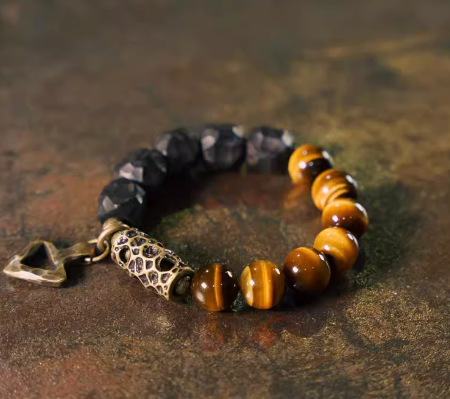 Tiger's Eye & Faceted Ebony Guardian Bracelet — handmade Tibetan bracelet