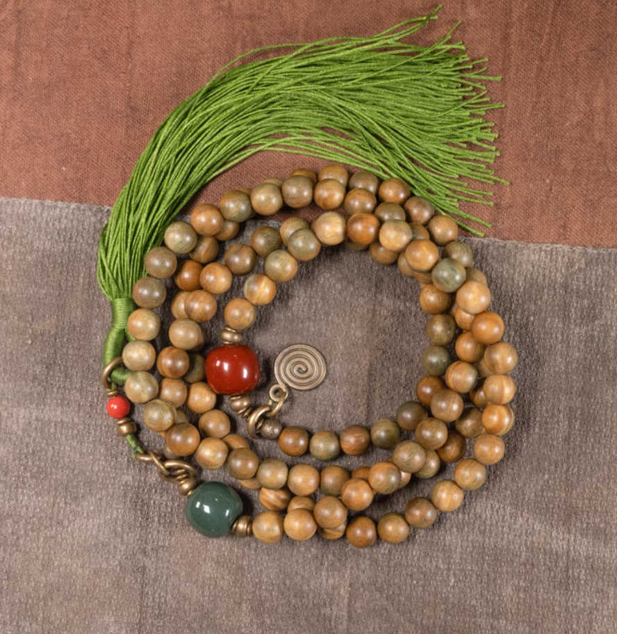 108 Green Sandalwood & Alashan Agate Mala — handmade Tibetan mala