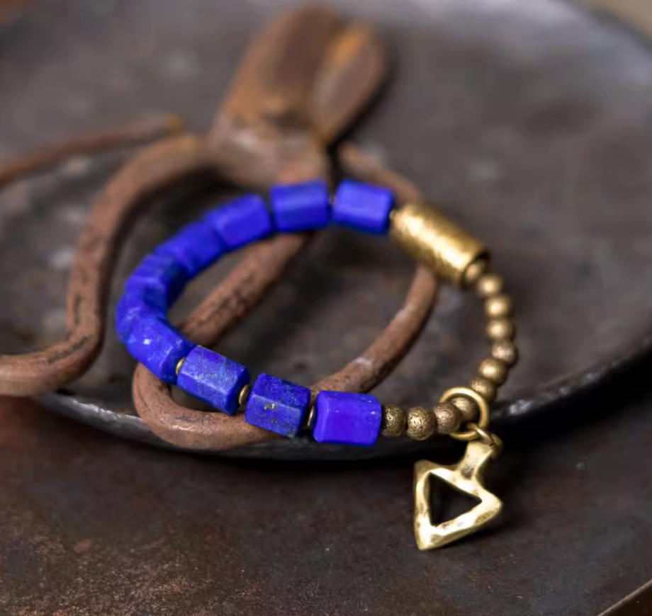 Geometric Lapis Lazuli & Brass Arrowhead Bracelet — handmade Tibetan bracelet