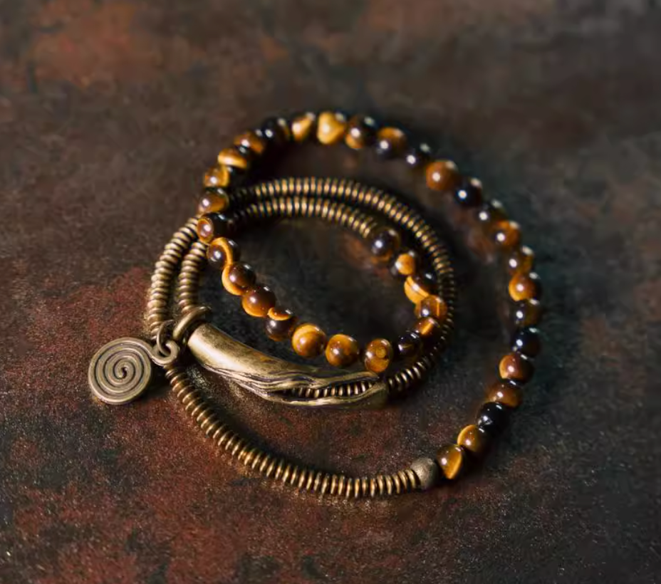 Golden Tiger's Eye & Coiled Brass Spiral Bracelet — handmade Tibetan bracelet