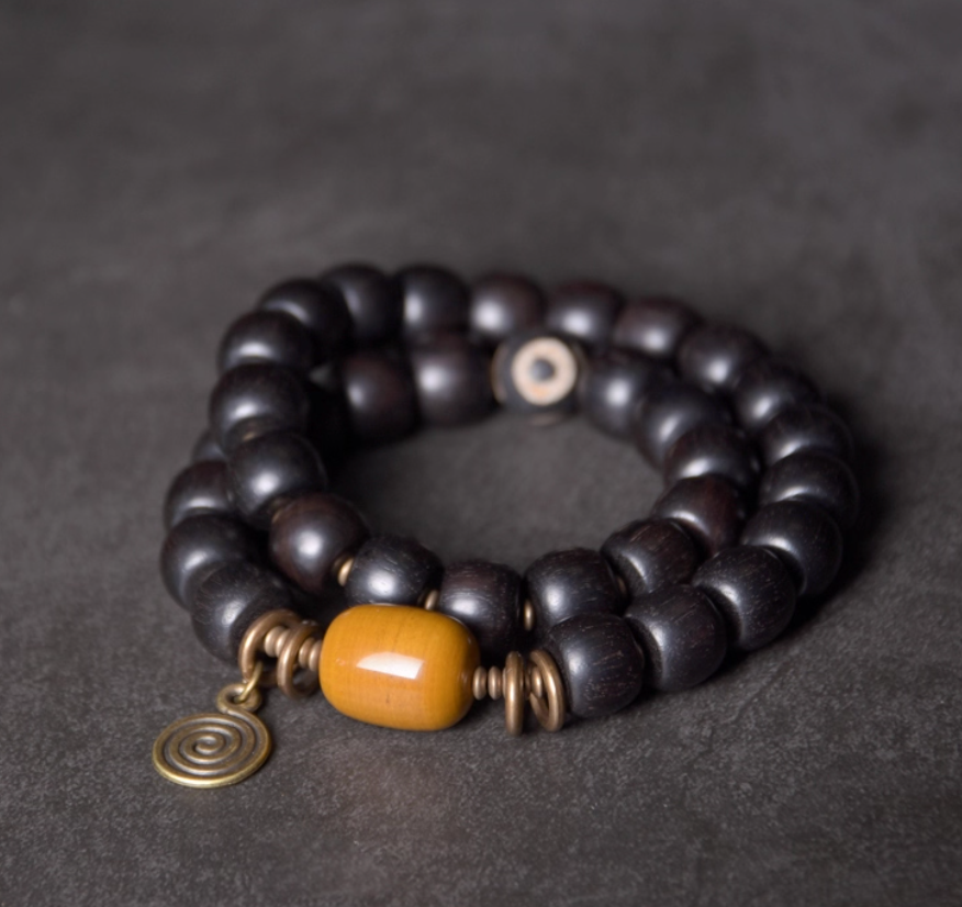 Ebony Wood & Yellow Buddha Jade Guardian Bracelet — handmade Tibetan bracelet