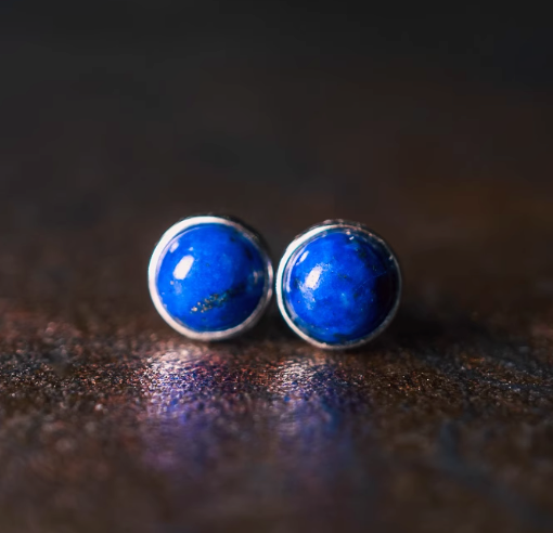 Lapis Lazuli & 925 Silver Celestial Studs — handmade Tibetan earrings