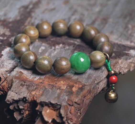 Green Sandalwood & Verdant Jade Bell Bracelet — handmade Tibetan bracelet