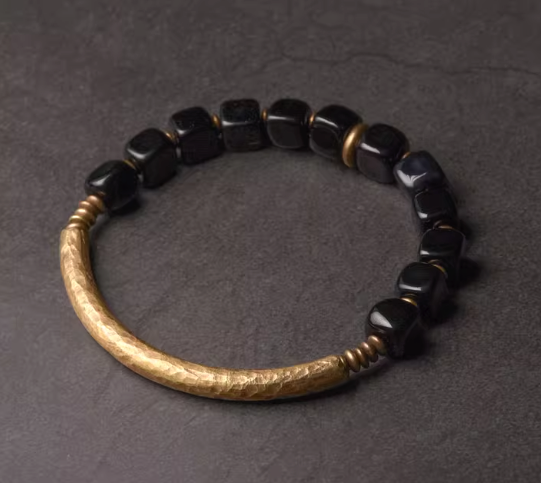 Geometric Obsidian & Hammered Brass Bar Bracelet — handmade Tibetan bracelet