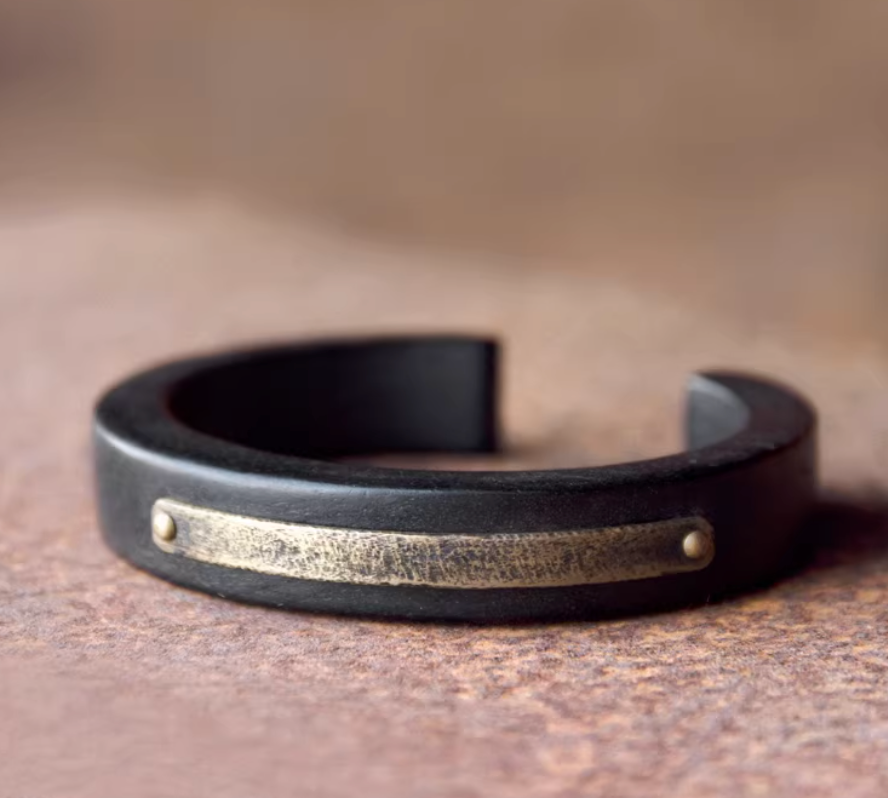 Ebony Wood & Brass Inlay Cuff Bangle — handmade Tibetan charm