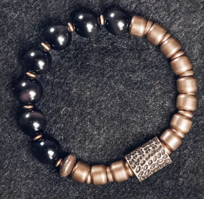 Obsidian & Antique Brass Dual-Tone Bracelet — handmade Tibetan bracelet