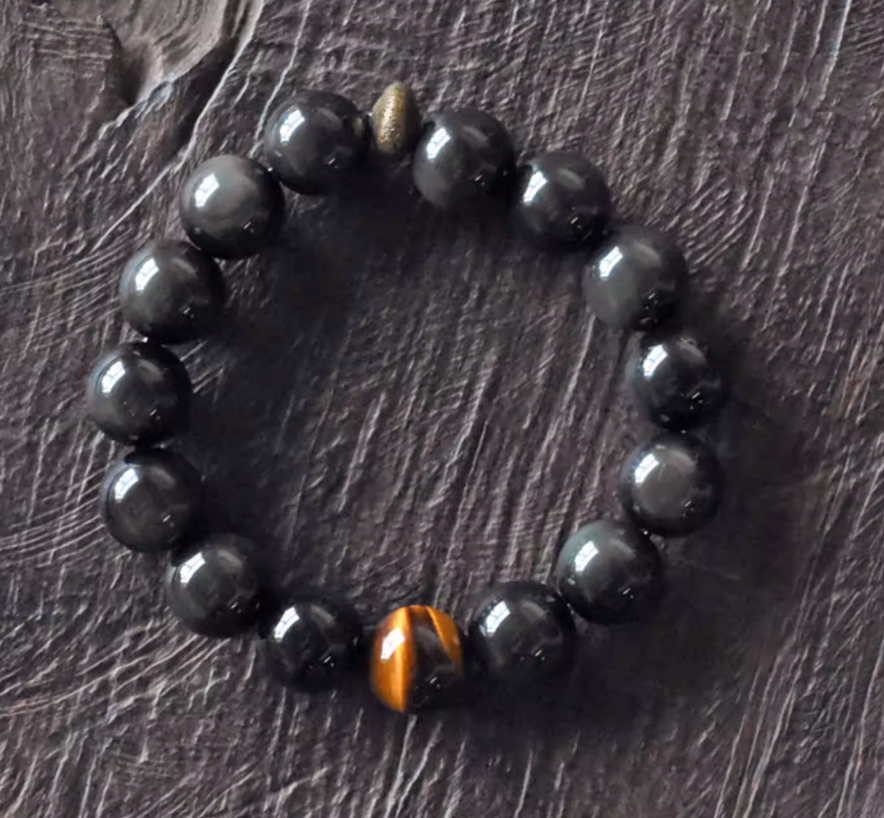 Midnight Obsidian & Solitary Tiger's Eye Bracelet — handmade Tibetan bracelet