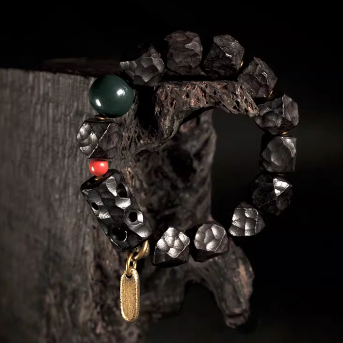 Hand-Hewn Ebony & Green Agate Zen Bracelet — handmade Tibetan bracelet