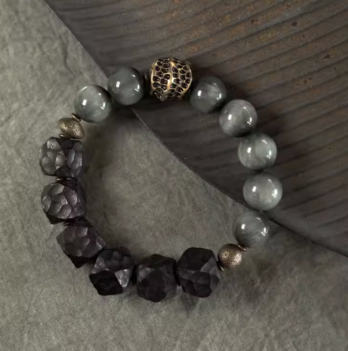 Eagle Eye Stone & Faceted Ebony Guardian Bracelet — handmade Tibetan bracelet