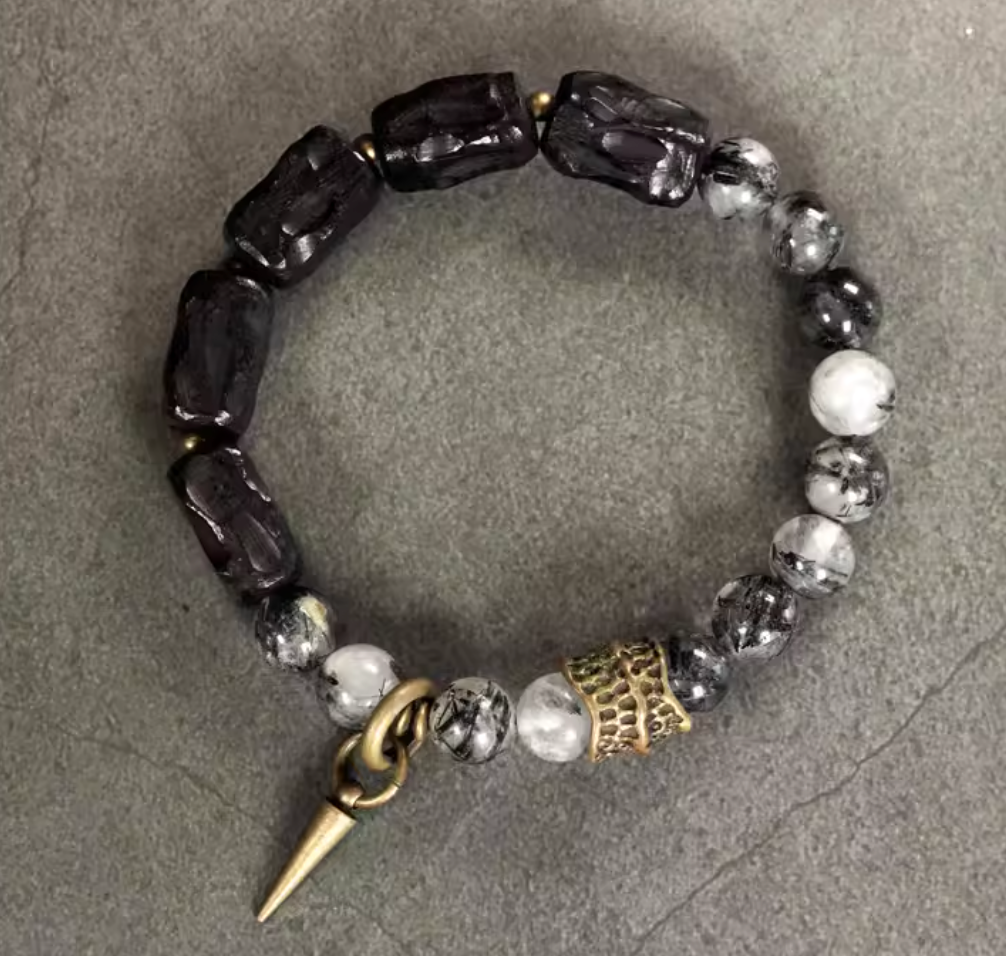 Black Rutilated Quartz & Faceted Ebony Spike Bracelet — handmade Tibetan bracelet