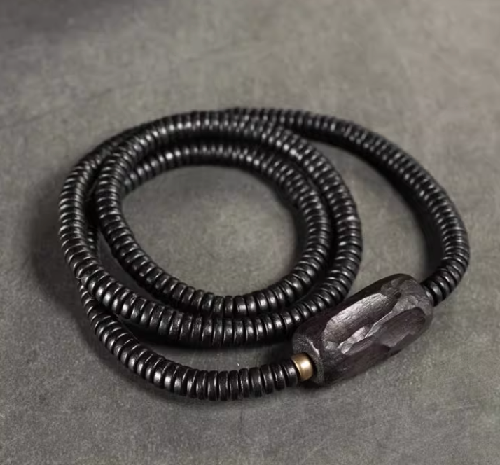 Rustic Ebony Disc & Hand-Hewn Wood Bracelet — handmade Tibetan bracelet
