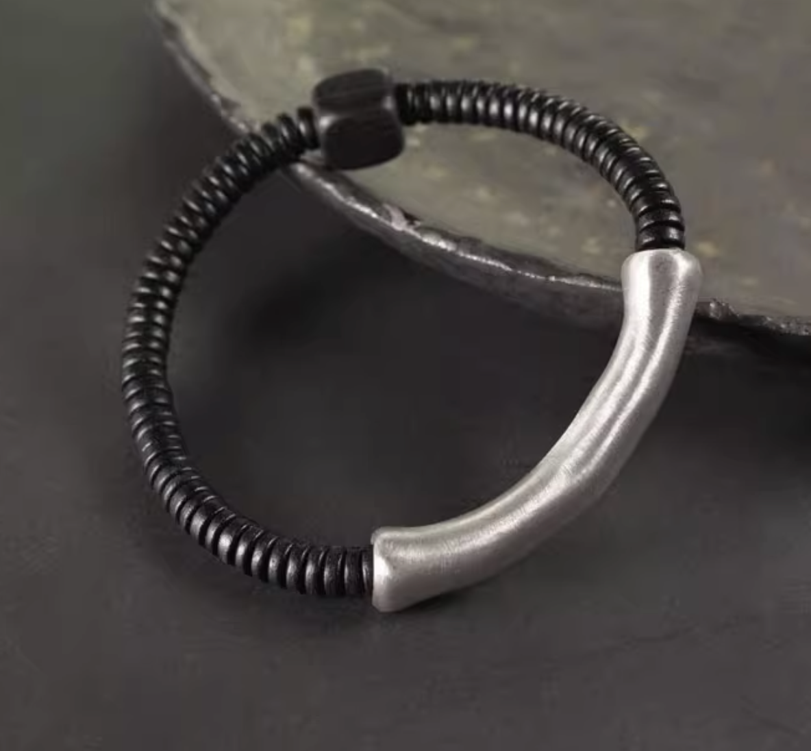 Ebony Disc & Matte Silver Curve Bracelet — handmade Tibetan bracelet