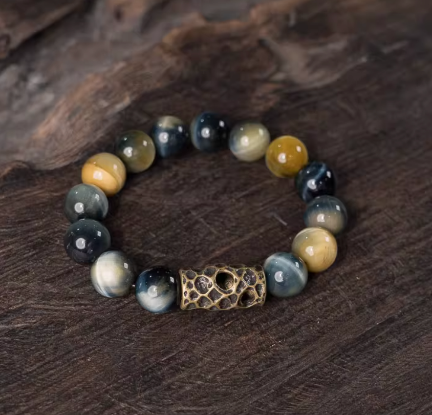 Mystic Blue & Gold Tiger's Eye "Galaxy" Bracelet — handmade Tibetan bracelet