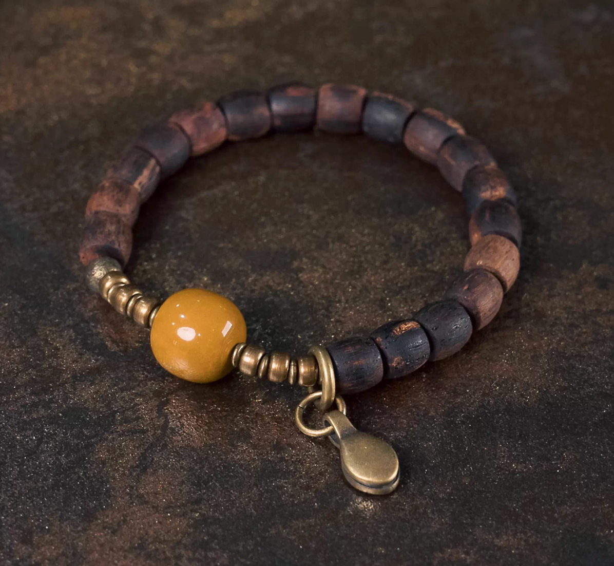 Lignum Rhodium Wood & Honey Alashan Agate Bracelet — handmade Tibetan bracelet