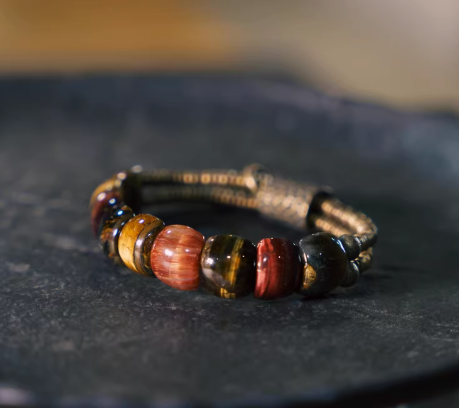 Multicolor Tiger's Eye & Coiled Brass Cylinder Bracelet — handmade Tibetan bracelet