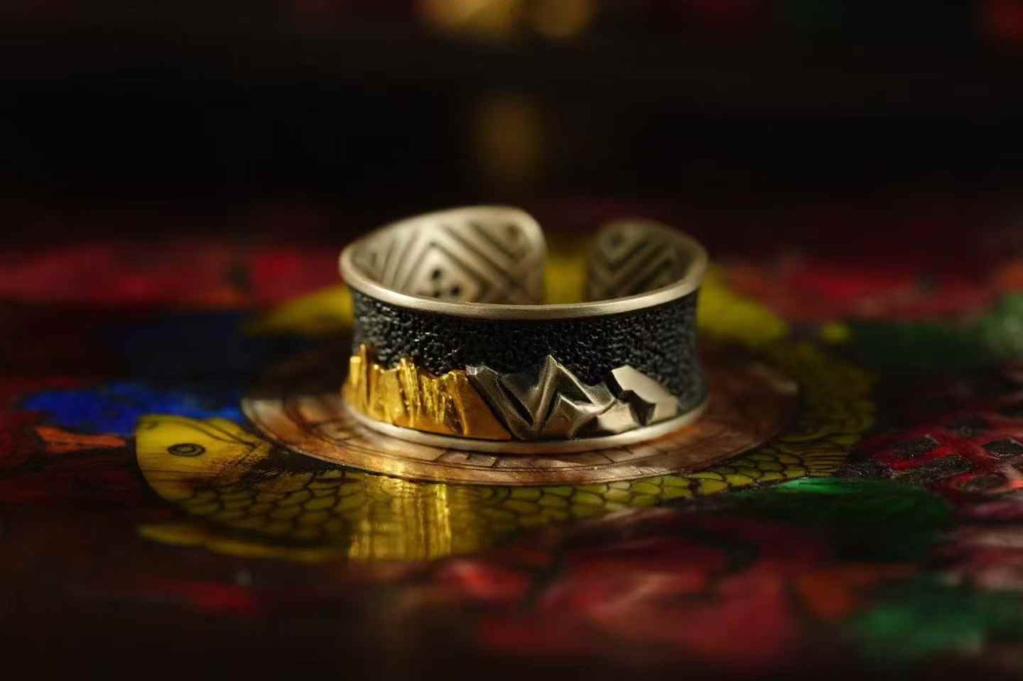Golden Mountain Namcha Barwa Ring — Au990 Gold & S925 Silver, Adjustable — front view