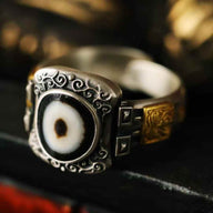 Zachiram Silver Dzi Ring — Pierced Scroll Bezel, Aged Agate Eye — front view