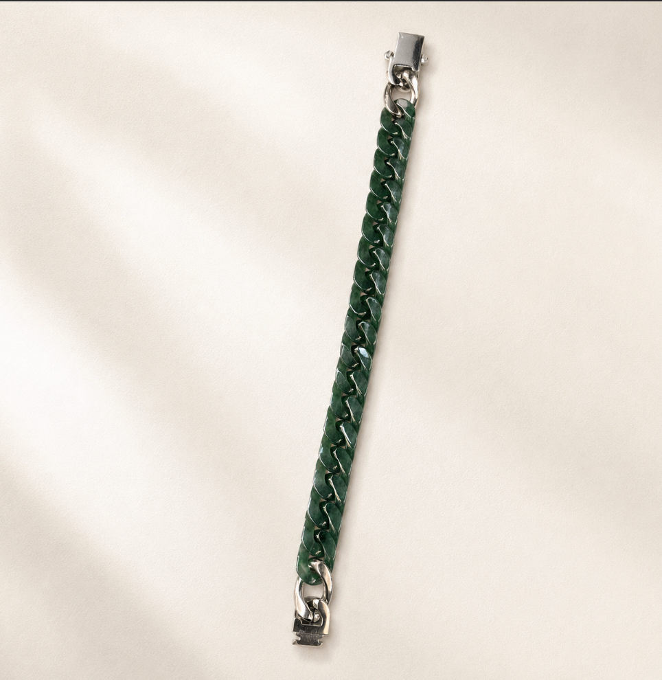 Forest Green Jadeite Cuban Link Bracelet | Natural Jade, Silver Clasp