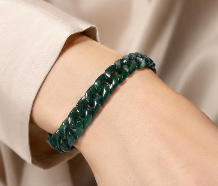 Forest Green Jadeite Cuban Link Bracelet | Natural Jade, Silver Clasp