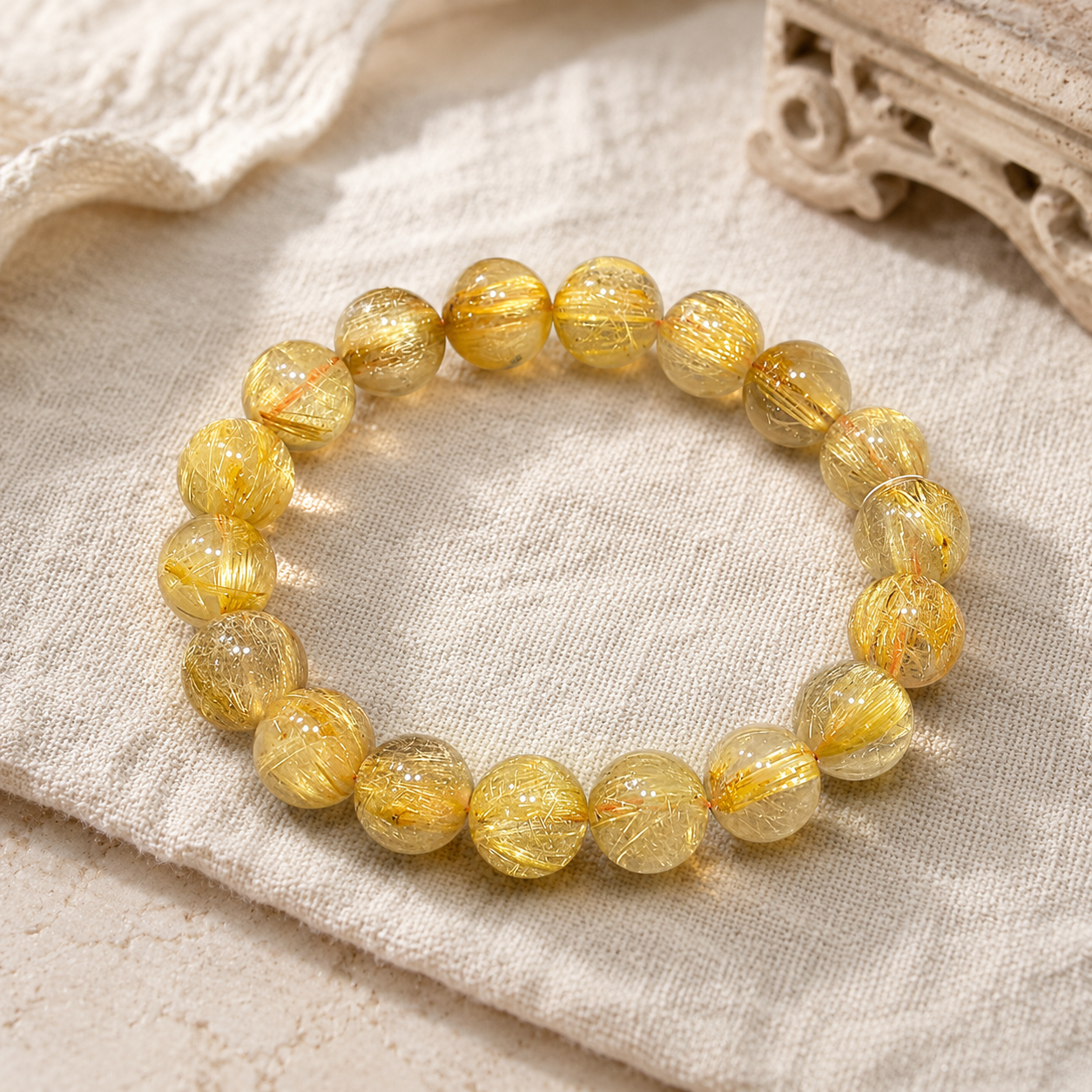Gold Rutilated Quartz Bracelet — Natural Golden Hair Crystal
