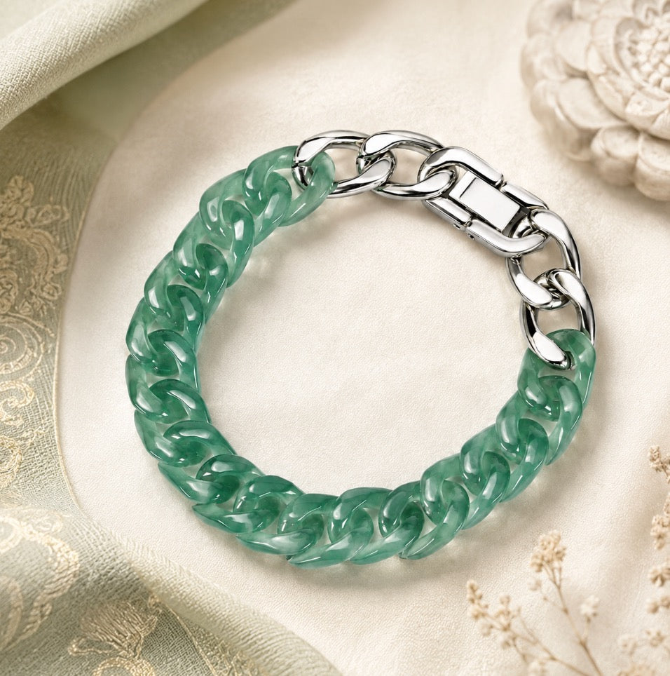 Ice Jadeite Cuban Link Bracelet | Carved Natural Jade & Silver