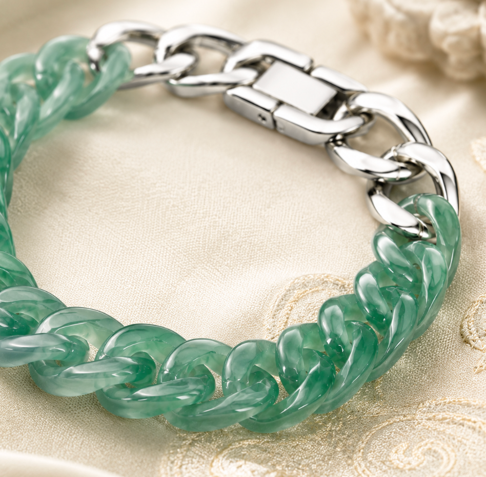 Ice Jadeite Cuban Link Bracelet | Carved Natural Jade & Silver
