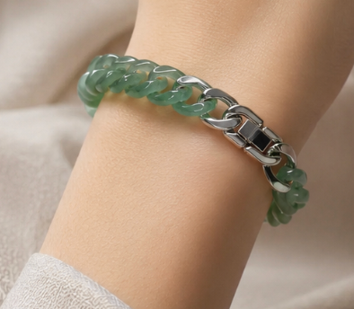 Ice Jadeite Cuban Link Bracelet | Carved Natural Jade & Silver