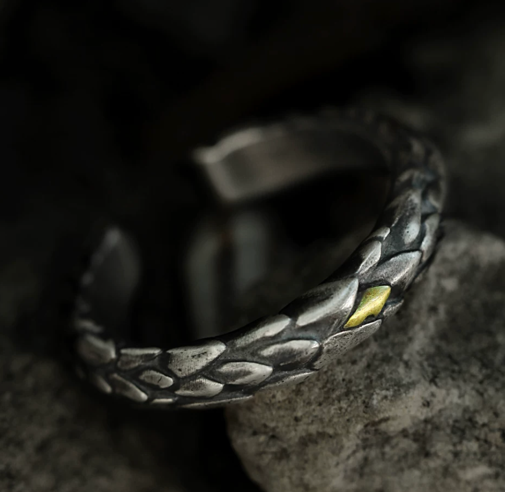 Dragon's Reverse Scale Ring | Pure Silver, Gold Accent