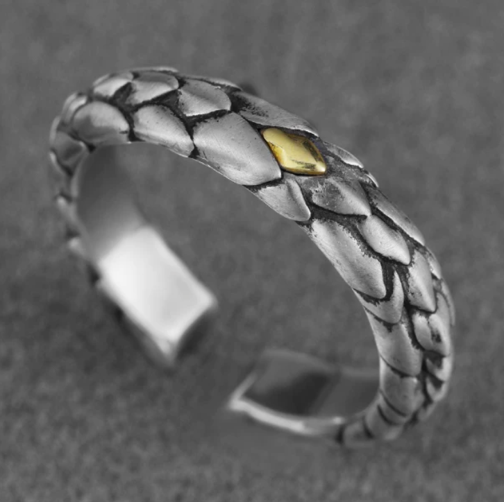 Dragon's Reverse Scale Ring | Pure Silver, Gold Accent