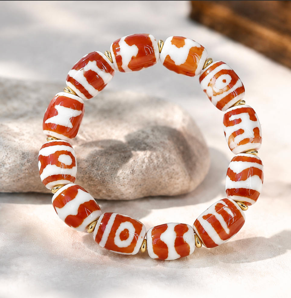 Red Dzi Bead Bracelet | Tibetan Sacred Agate, Multi-Pattern