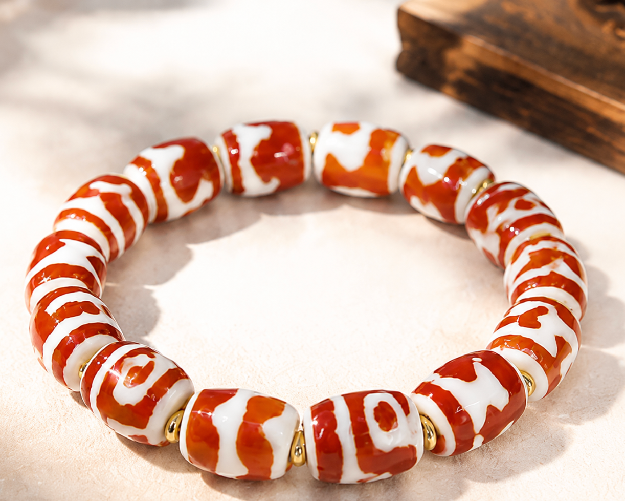 Red Dzi Bead Bracelet | Tibetan Sacred Agate, Multi-Pattern