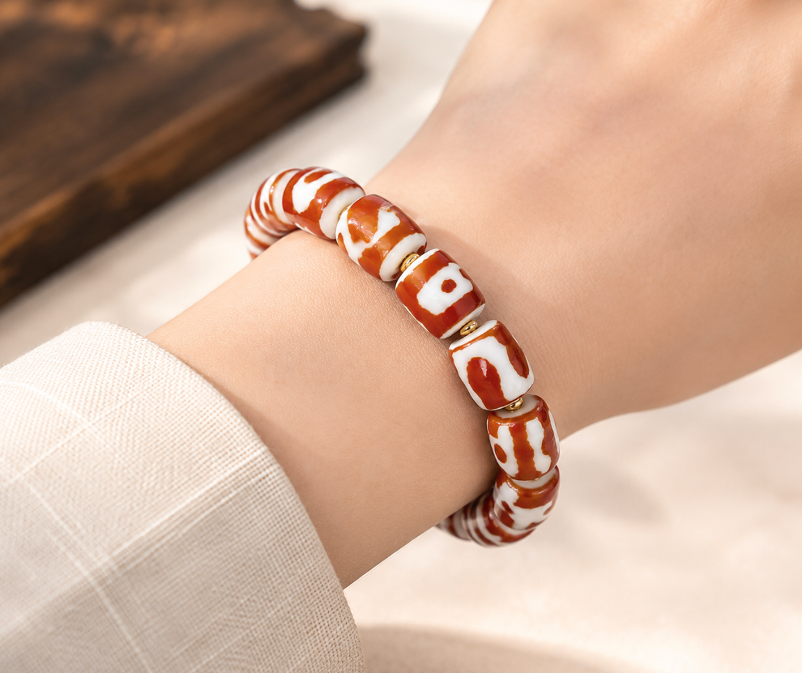 Red Dzi Bead Bracelet | Tibetan Sacred Agate, Multi-Pattern