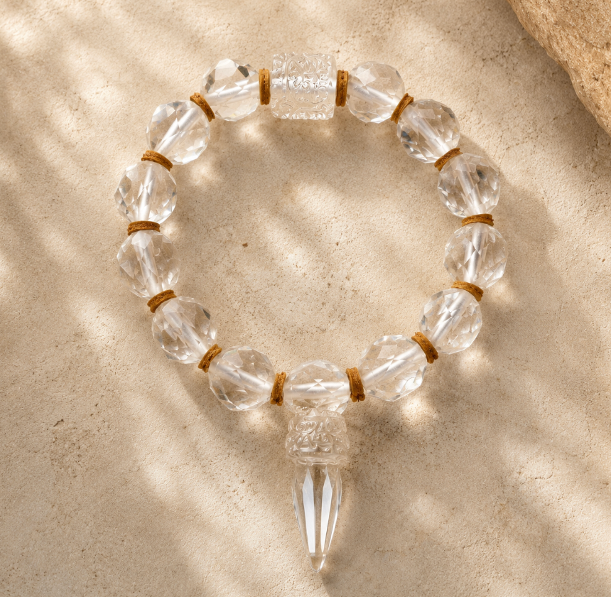 White Crystal Vajra Bracelet — Clear Quartz & Gold Accent
