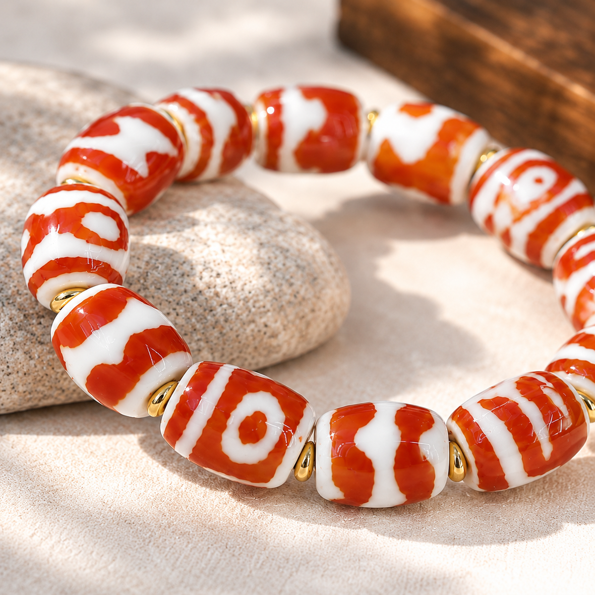 Red Dzi Bead Bracelet — close-up detail
