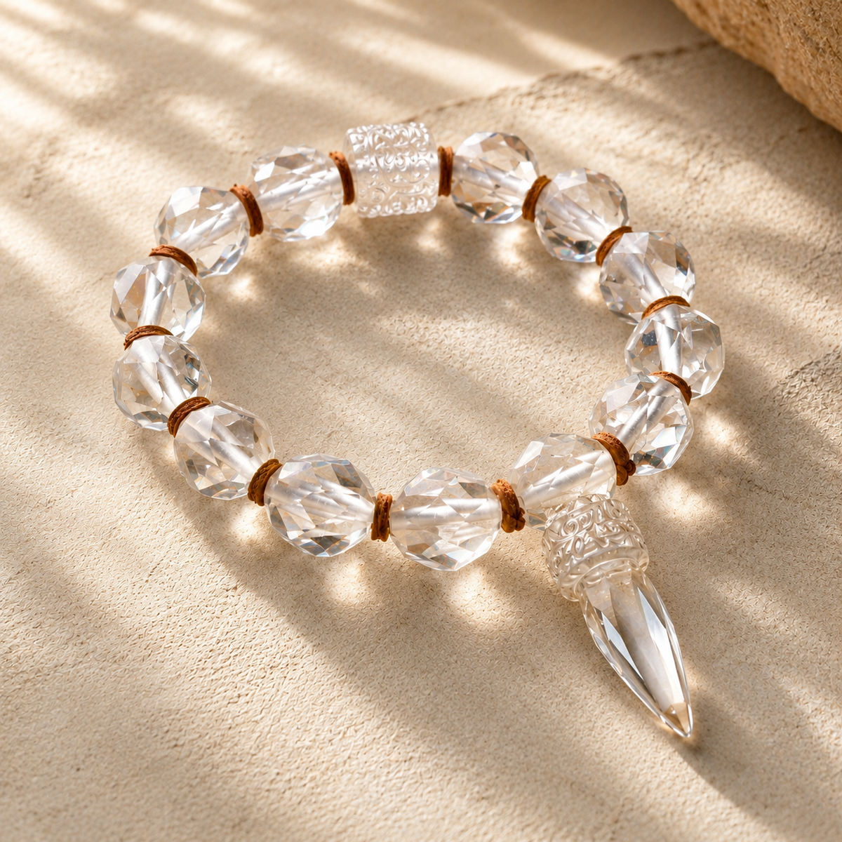 White Crystal Vajra Bracelet — Clear Quartz & Gold Accent — detail view 4