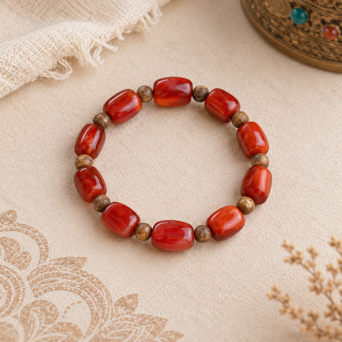 Nanhong Agate Bracelet — Natural Southern Red & Bronze Accent — detail view 2