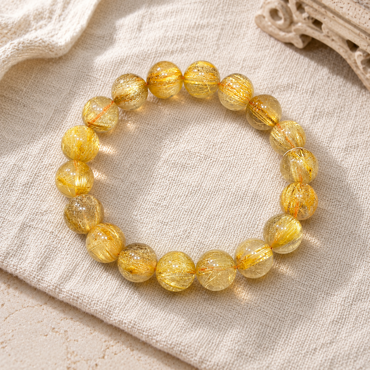 Gold Rutilated Quartz Bracelet — Natural Golden Hair Crystal — detail view 2