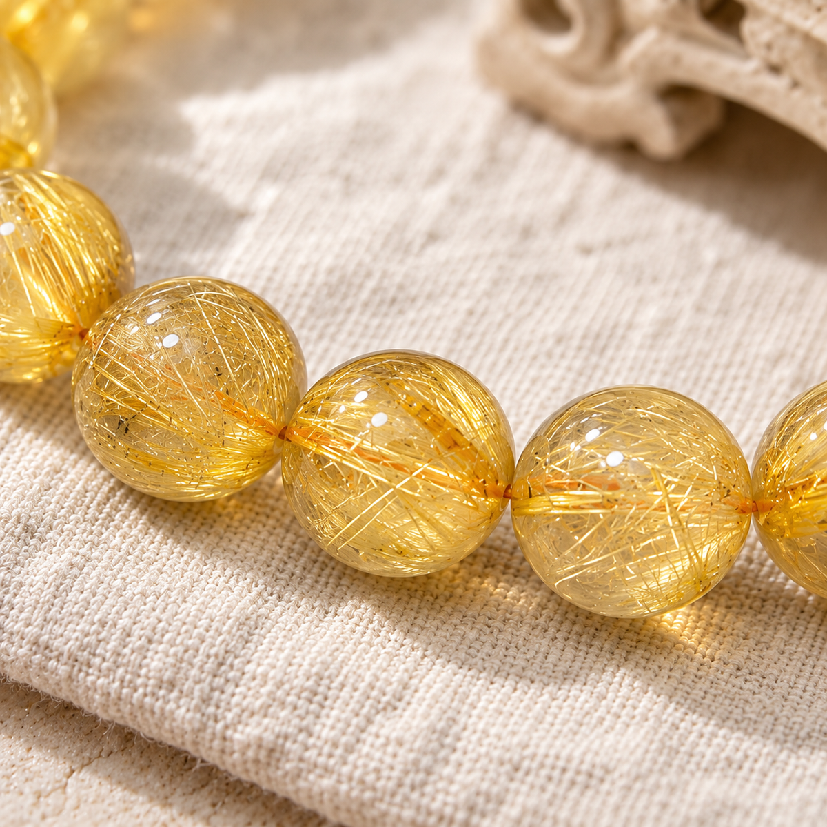 Gold Rutilated Quartz Bracelet — Natural Golden Hair Crystal — detail view 3
