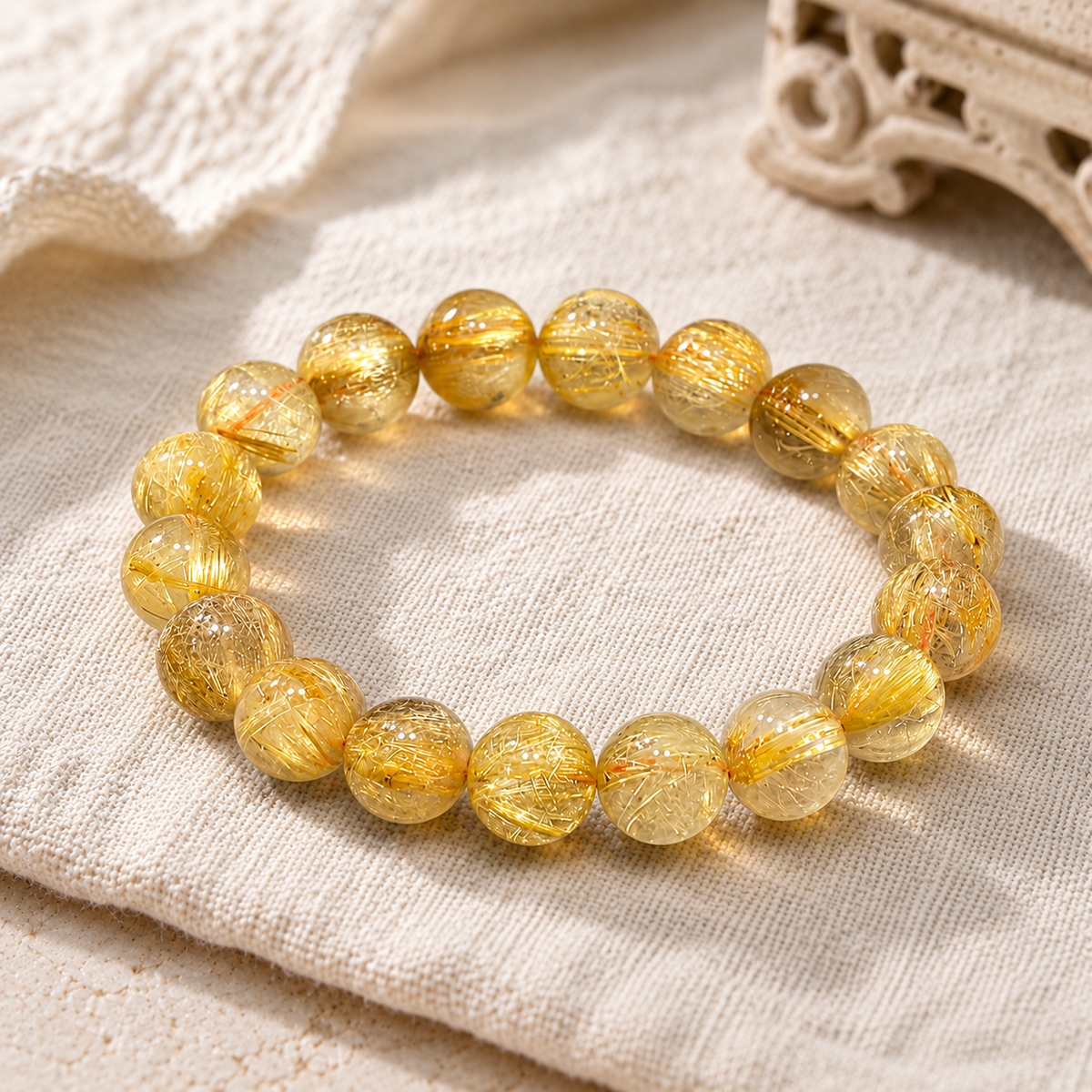 Gold Rutilated Quartz Bracelet — Natural Golden Hair Crystal — detail view 4