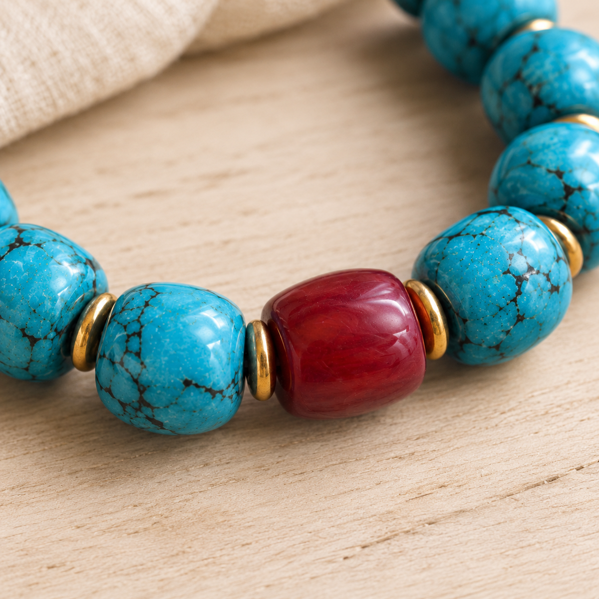 Turquoise & Nanhong Bracelet — 12mm Tibetan Stones & Gold Accent — detail view 4