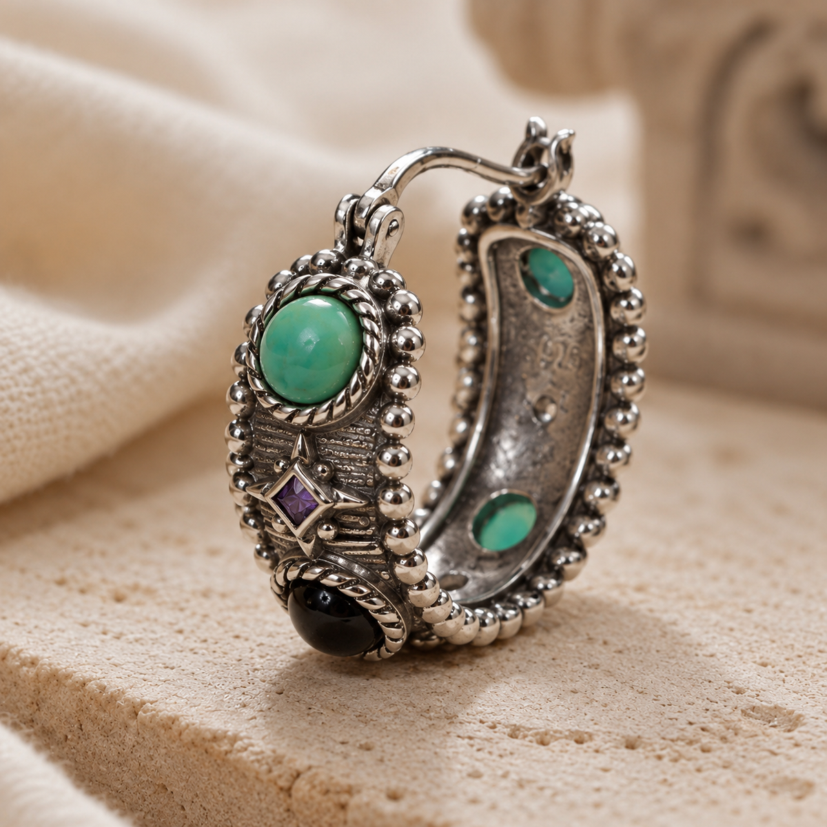 Mixed-Gemstone Hoop Earrings — detail view 4