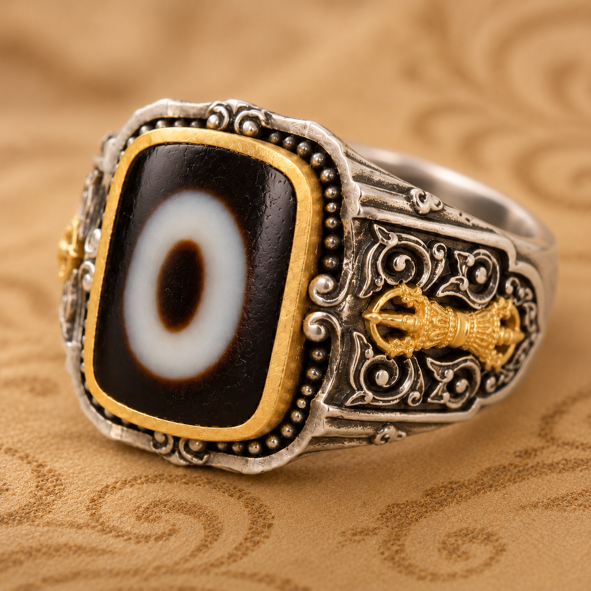 One-Eyed Dzi Bead Ring — Handmade S925 Silver & Gold Vajra — detail view 3