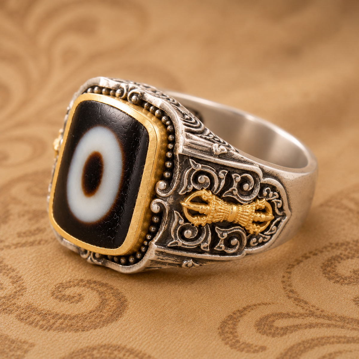 One-Eyed Dzi Bead Ring — Handmade S925 Silver & Gold Vajra — detail view 4