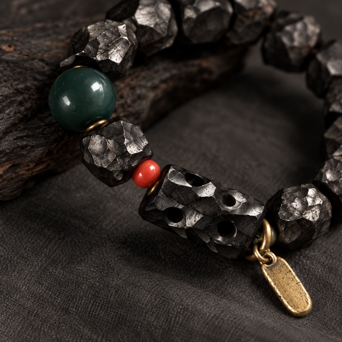 Hand-Hewn Ebony & Green Agate Zen Bracelet — detail view 4