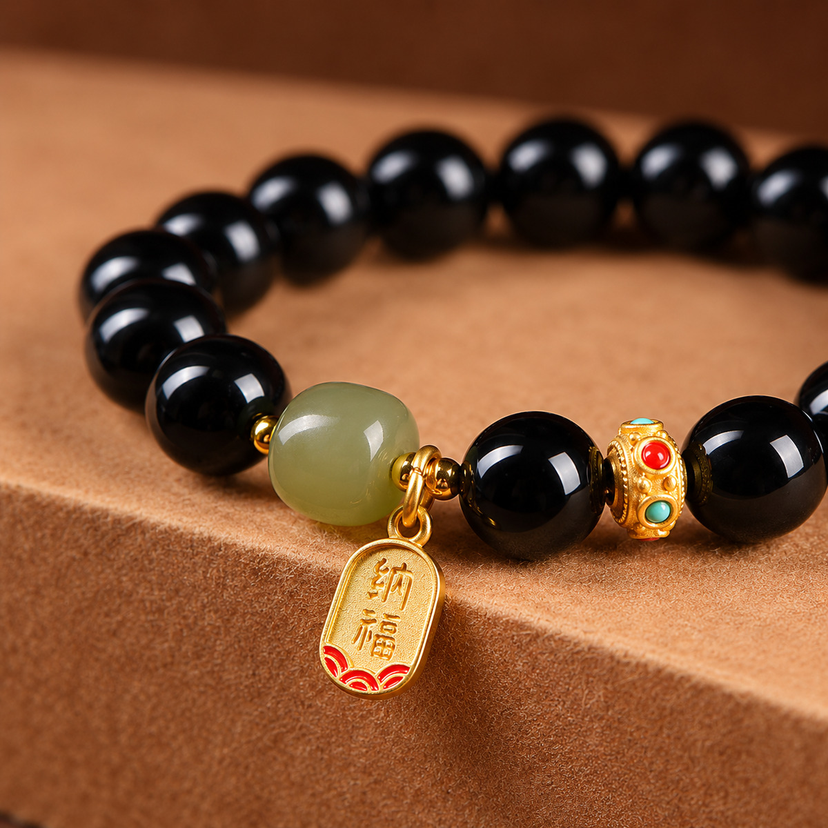 Hetian Jade & Black Onyx Couple Bracelet — detail view 4