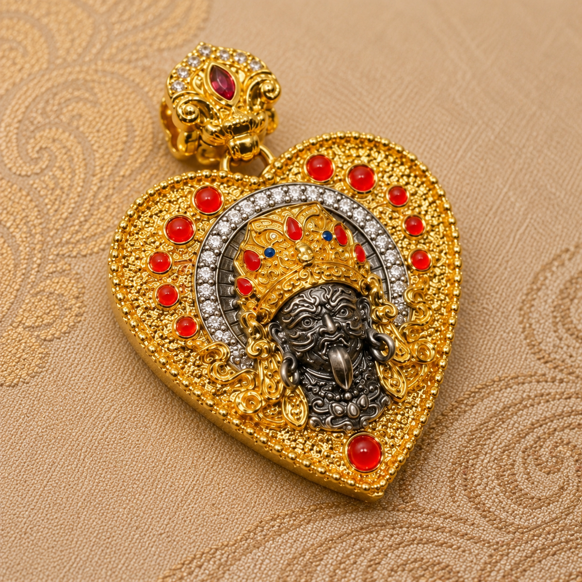 Zachiram Heart Pendant — Gilt Silver & Copper with Red Cabochons — detail view 4