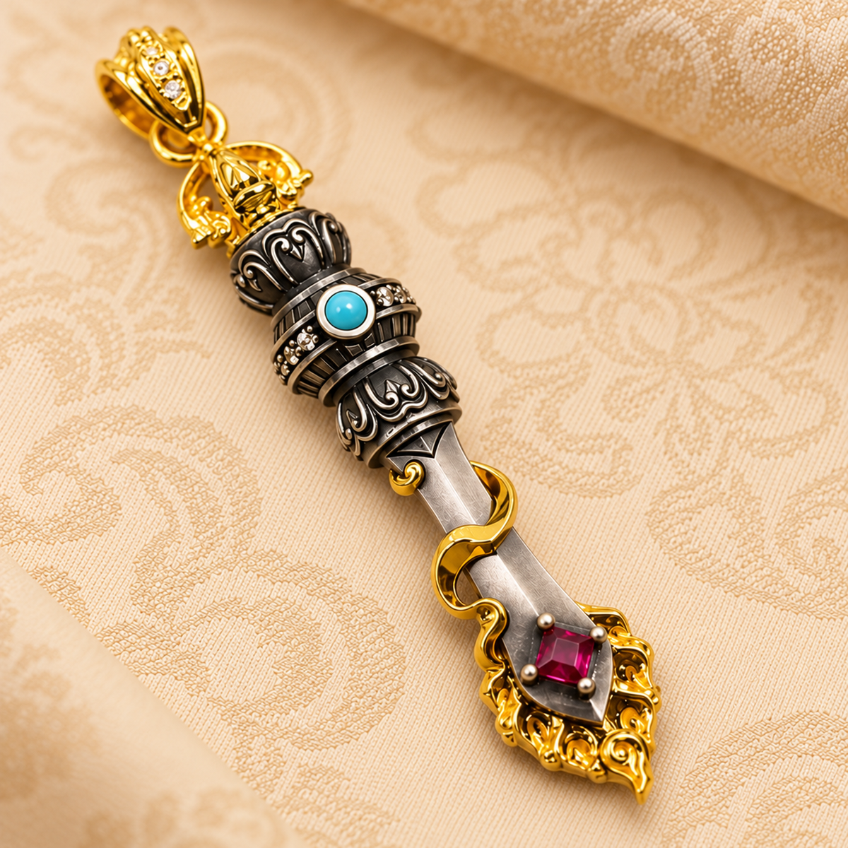 Manjushri Sword Pendant — Gilt Copper, Turquoise & Red Crystal — detail view 4