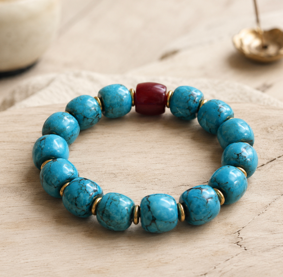 Turquoise & Nanhong Bracelet — 12mm Tibetan Stones & Gold Accent