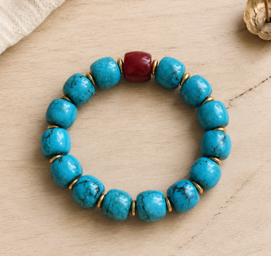 Turquoise & Nanhong Bracelet — 12mm Tibetan Stones & Gold Accent
